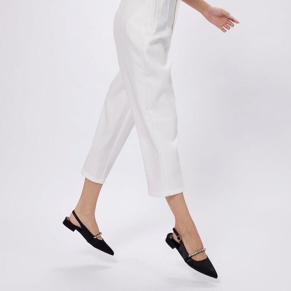 Women Black Satin Polyurethane (PU) Rhinestone Pointed Toe Slingback Flats Shoes - Picture 8 of 9